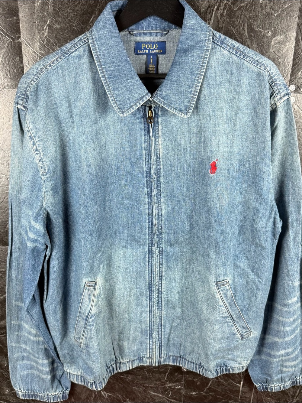 Polo Ralph Lauren Blue Lightweight Faded Vtg Harrington Denim Jacket Large